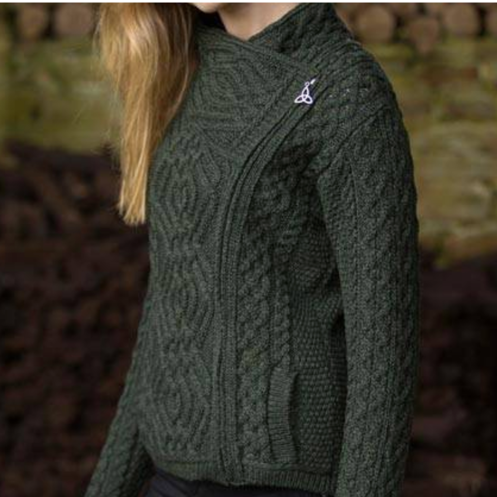 Merino Wool Biker Style Jacket in Army Green – Aran Knit 