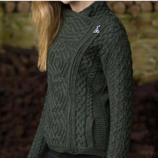 Merino Wool Biker Style Jacket in Army Green – Aran Knit 