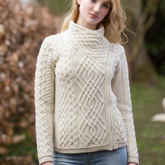 Merino Wool Biker Style Jacket in Natural Cream – Aran Knit with Crossover Zip