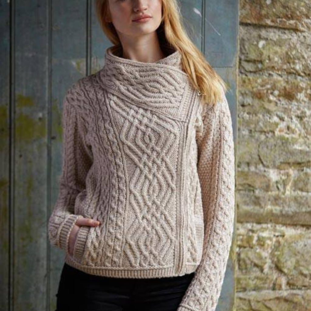 Merino Wool Biker Style Jacket in Parsnip Beige – Aran Knit with Crossover Zip