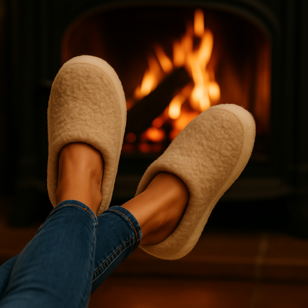 Beige merino wool slippers – anti-slip sole and lightweight design for lounging
