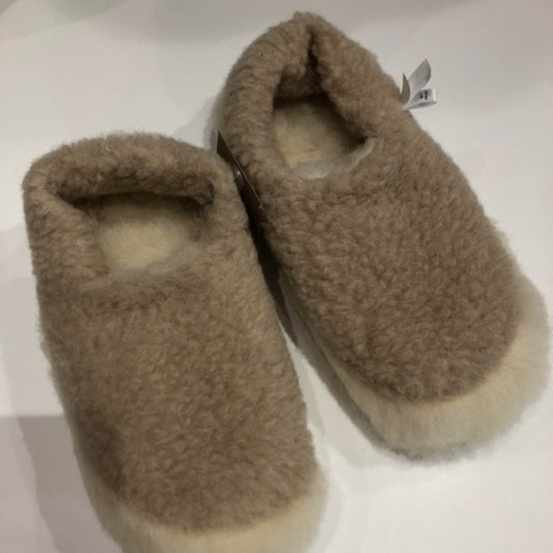 Beige merino wool slippers – soft wool slip-ons with cream sole and cosy lining