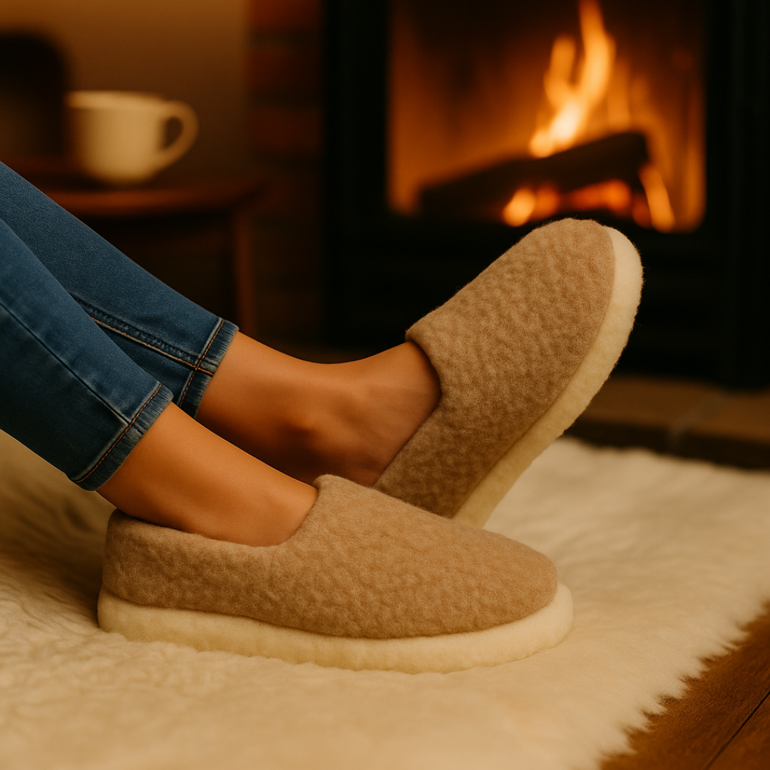 Beige wool slippers beside a warm fire – breathable, soft, and durable comfort wear