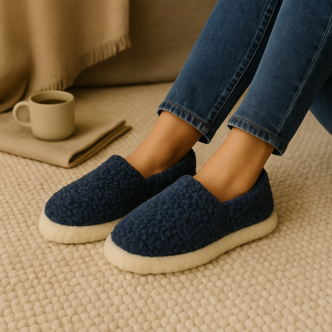Blue wool slippers – anti-slip sole and soft merino lining for home comfort