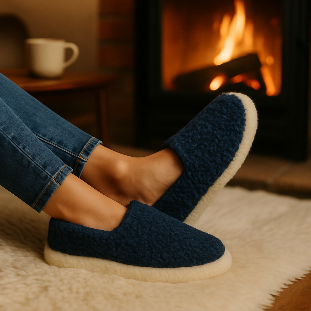 Blue Merino Wool Slippers beside a fireplace – warm and cosy footwear