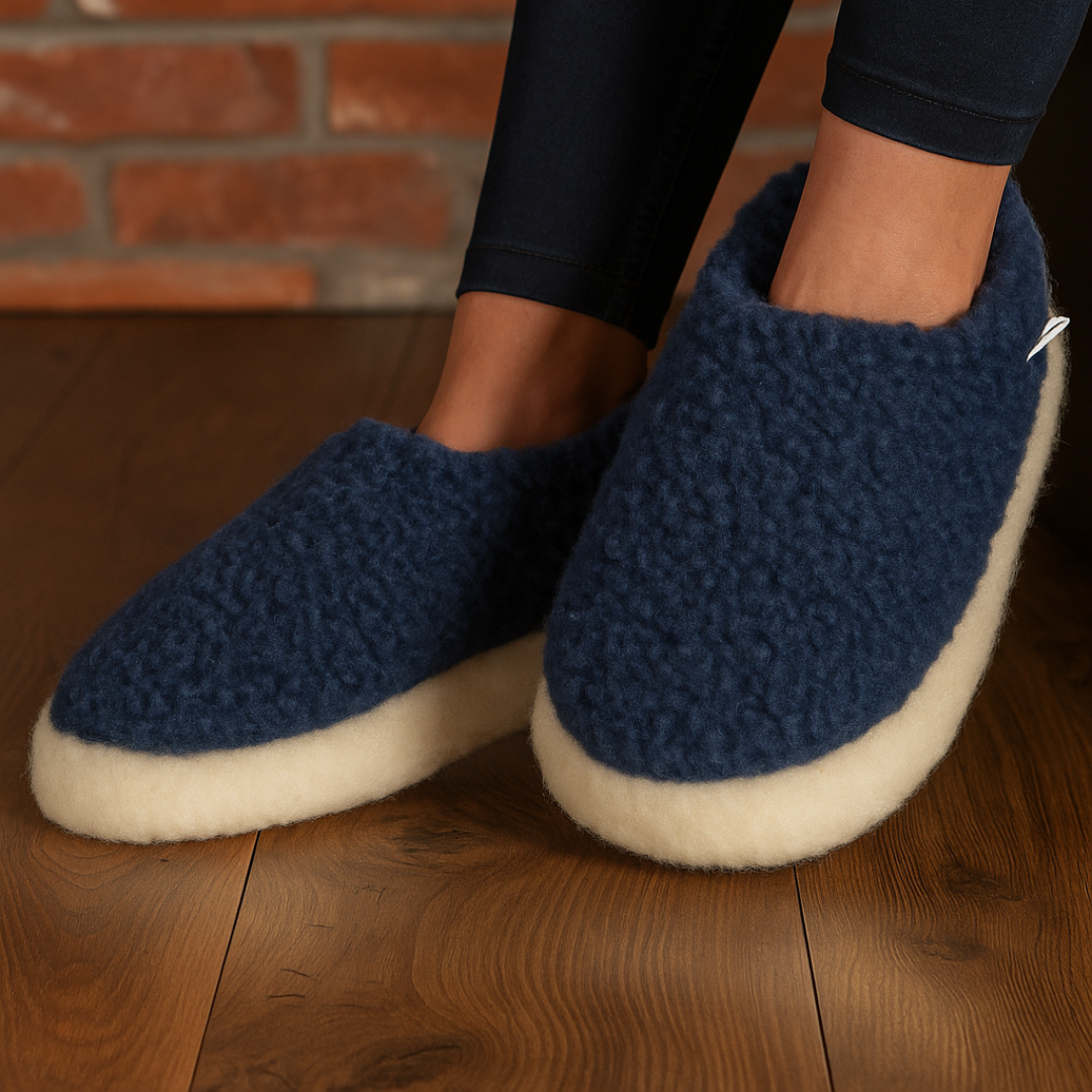 Merino Wool Slippers in Blue – 100% wool indoor slippers from The Donegal Shop