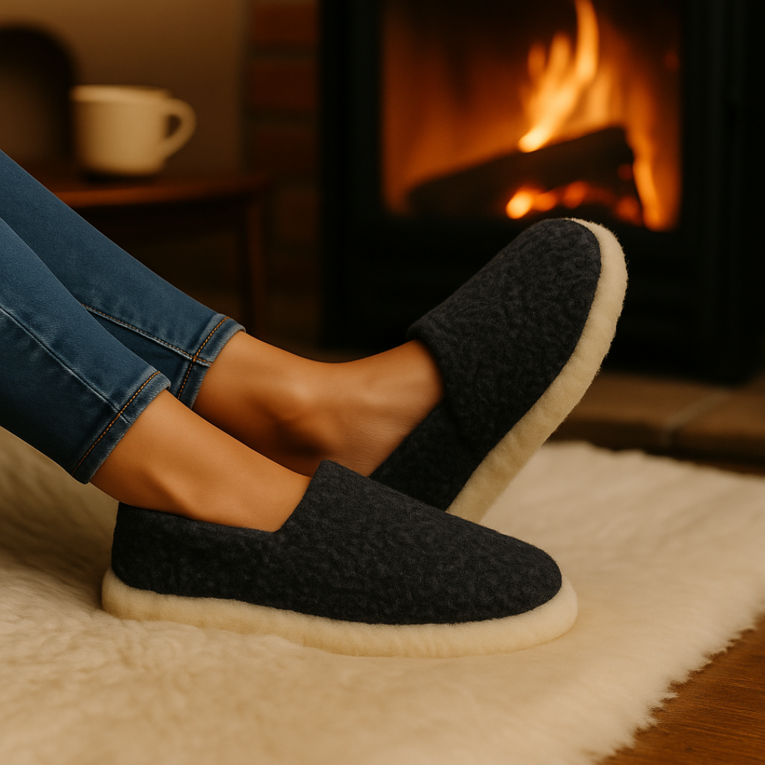 Graphite slippers by the fire – breathable, cosy wool slippers for winter comfort