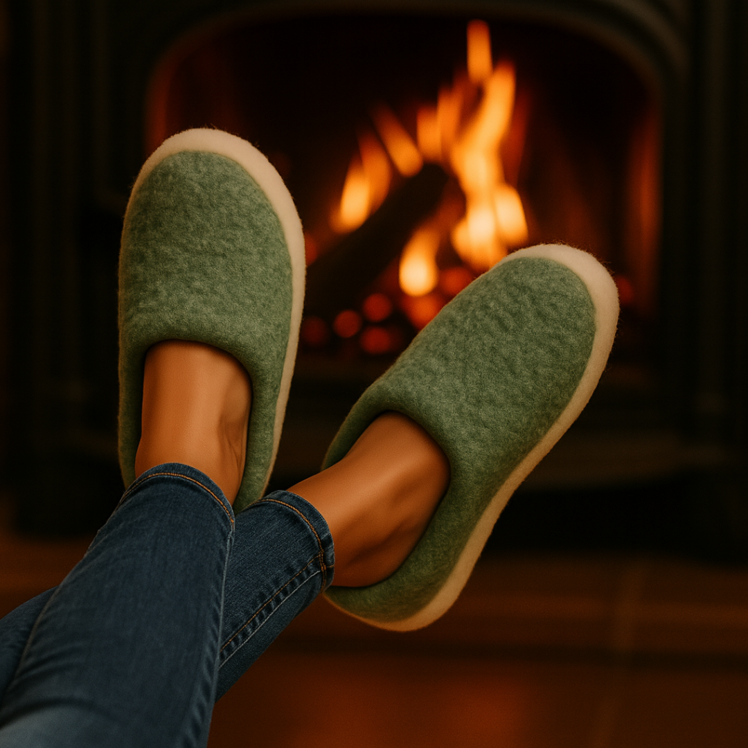 Green merino wool slippers – anti-slip sole and cosy natural wool lining