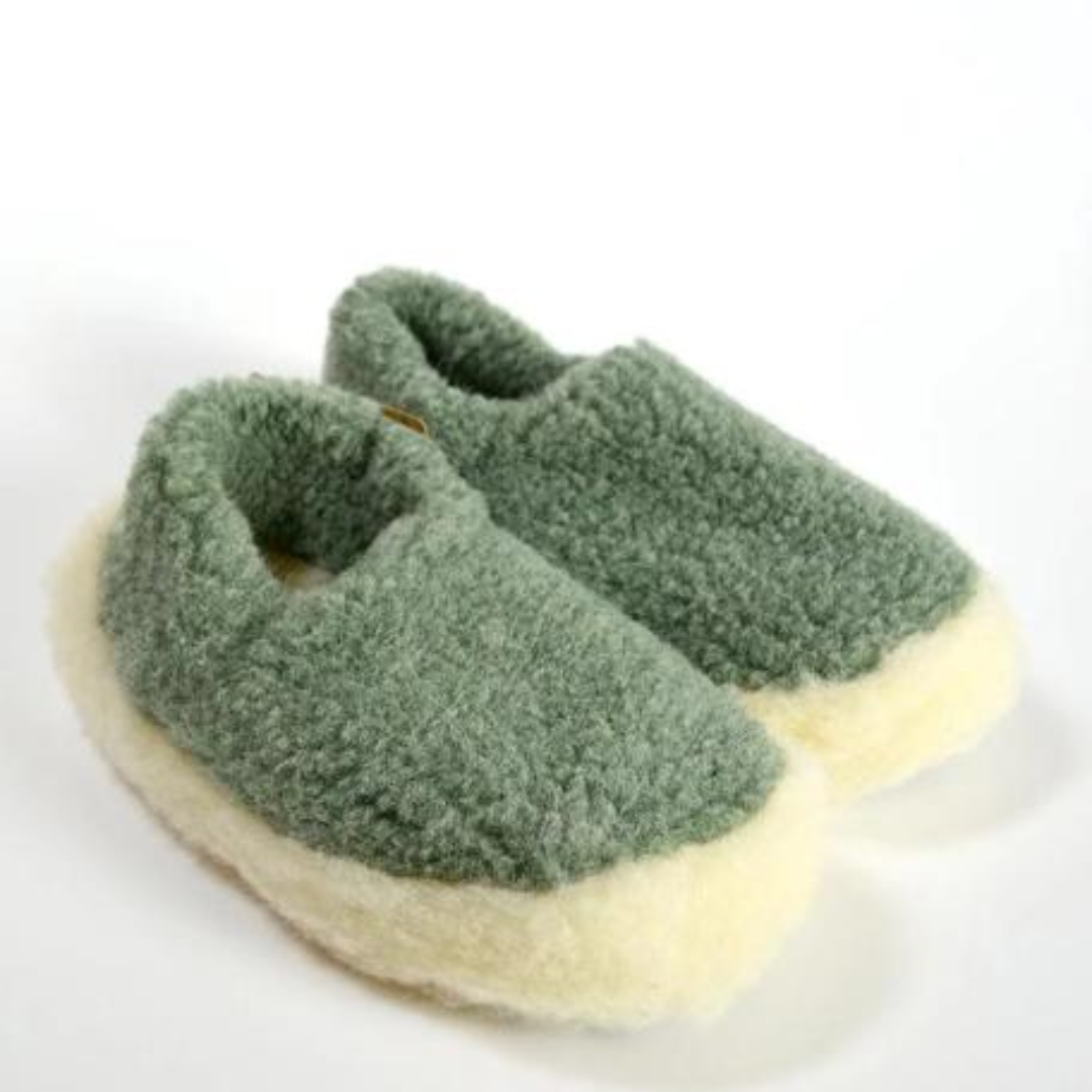 Green merino wool slippers – soft, breathable slip-ons with cream wool sole