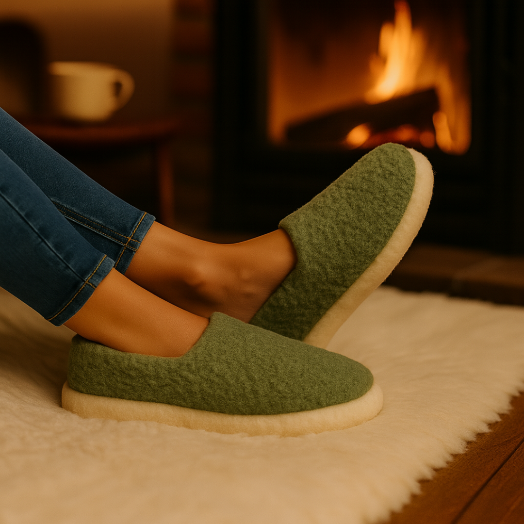Green wool slippers beside a fire – warm, lightweight, and comfortable home footwear