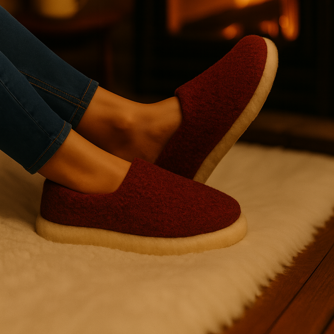 Red wool slippers by the fire – cosy, warm, and lightweight comfort footwear