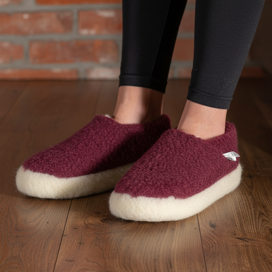 Merino Wool Slippers in Red – handcrafted 100% wool indoor slippers from The Donegal Shop