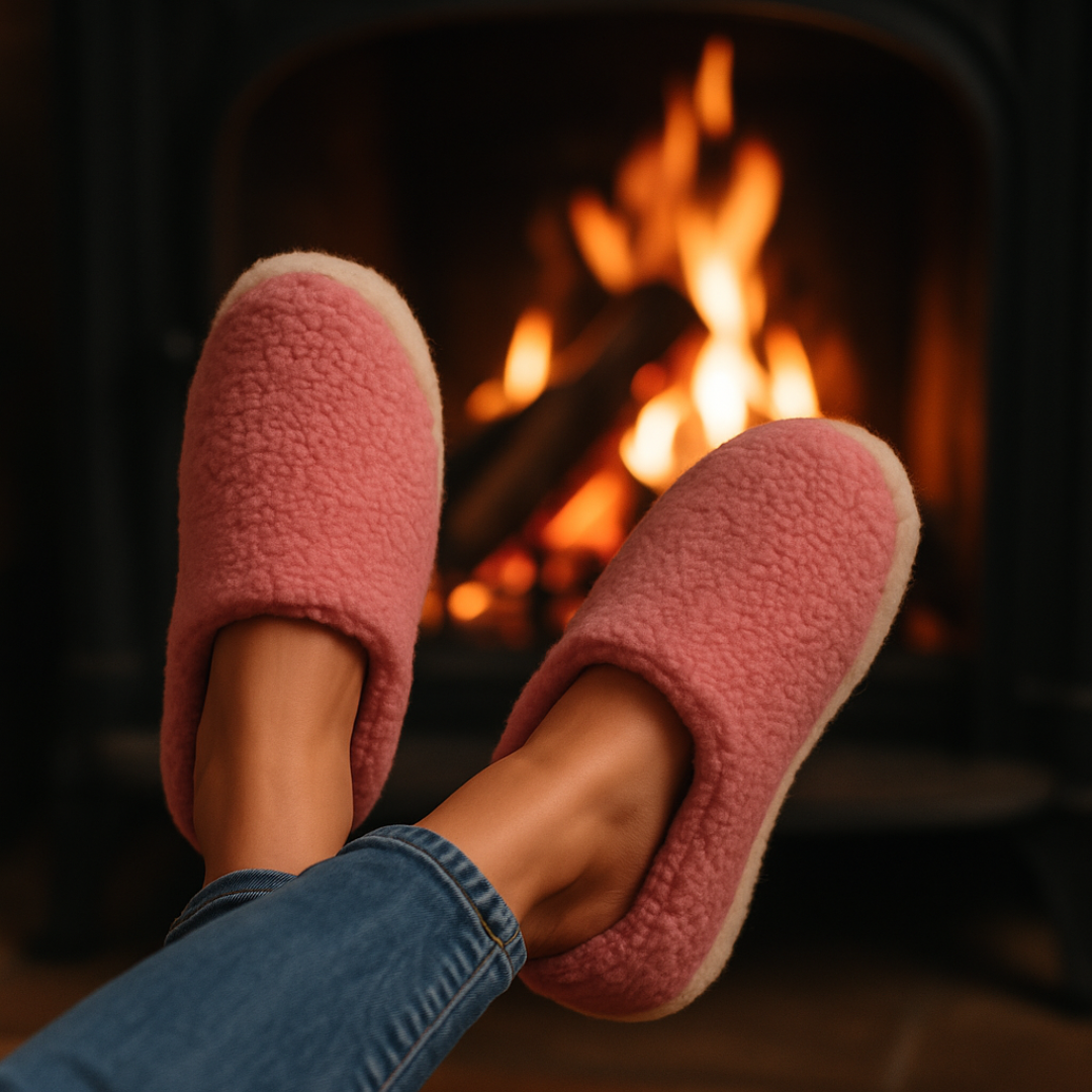 Merino Wool Slippers Rose Pink – warm lounge slippers in front of fire