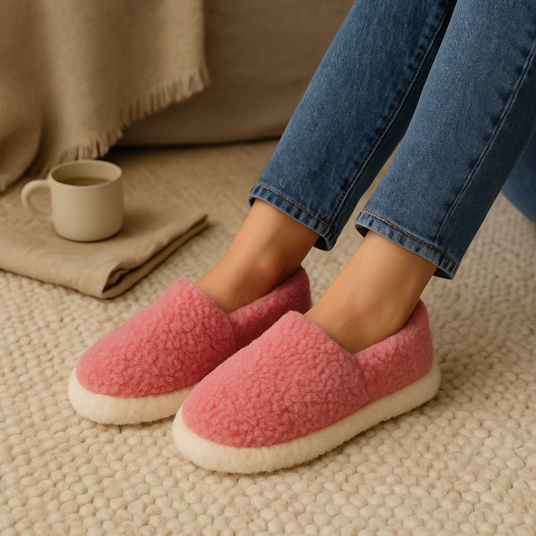 Rose Pink wool slippers worn with jeans – soft indoor footwear from The Donegal Shop