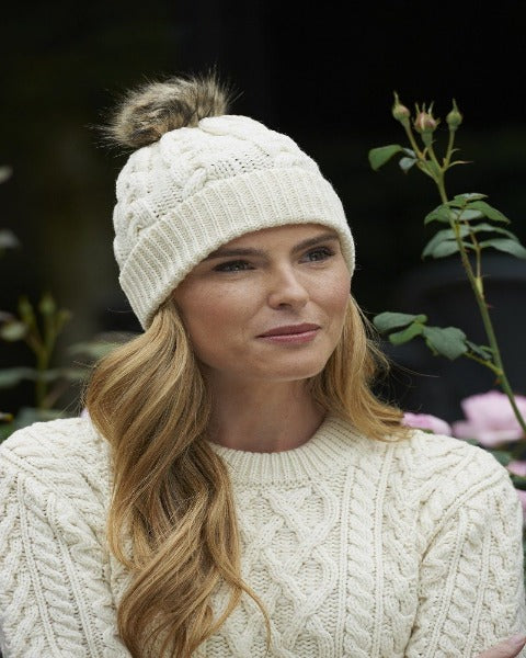 Aran Cable Knit Pom Pom Hat Natural