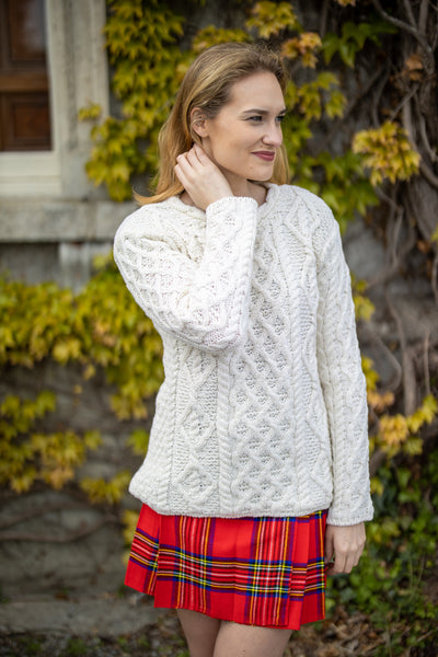 Women Wearing Aran Sweater with lattice collar