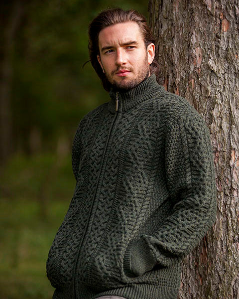 aran sweater zip green