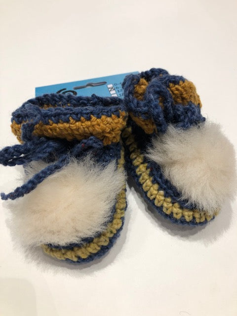 Blue and Mustard Hand Knit Baby Shoes