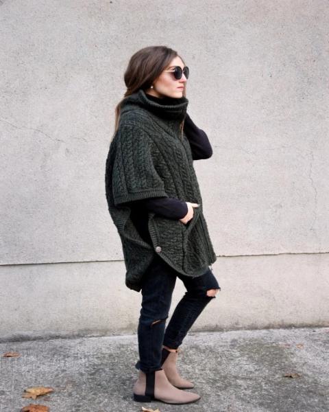 Green Funnel Neck Aran Sweater