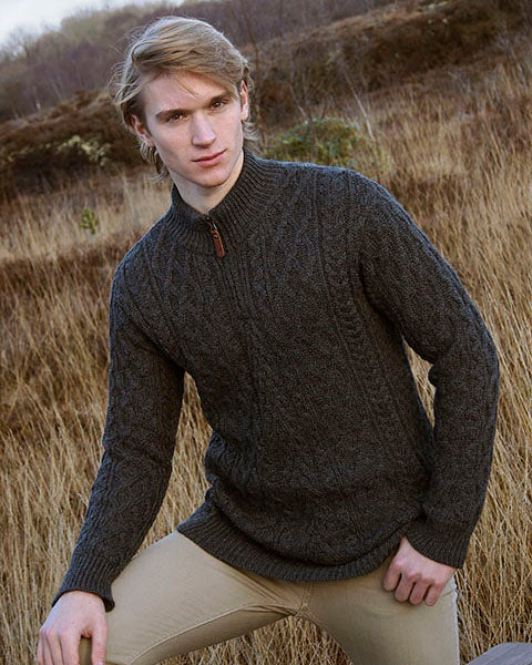 Charcoal Aran Sweater with a half zip 
