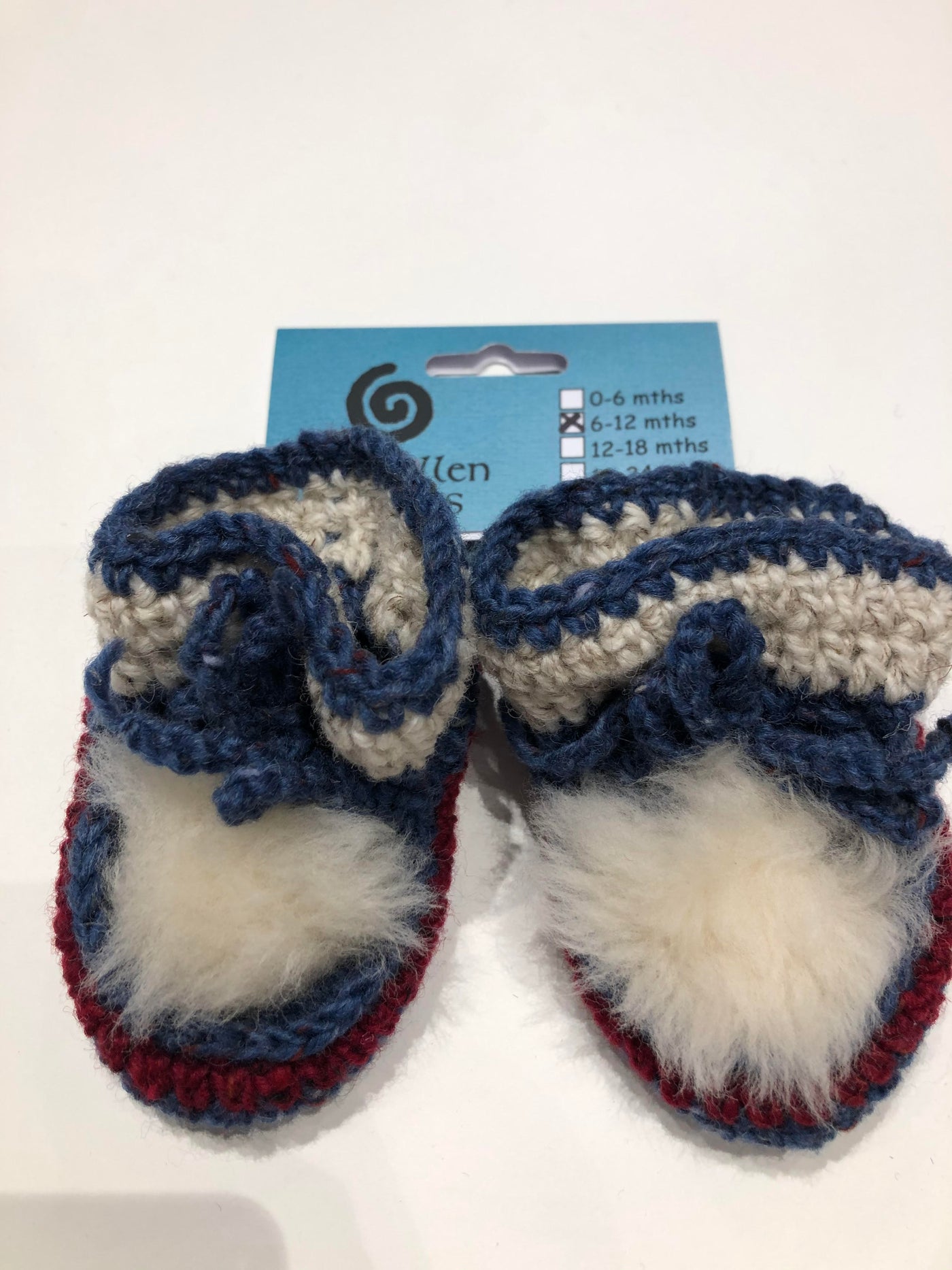 Hand Knit Baby Boots With Dark Blue and Red Detail